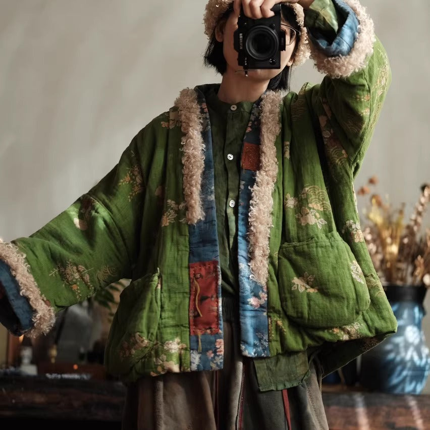 Vintage Winter Reversible Patchwork Cotton Linen Jacket – Floral Print, Lamb Fleece Trim Parka