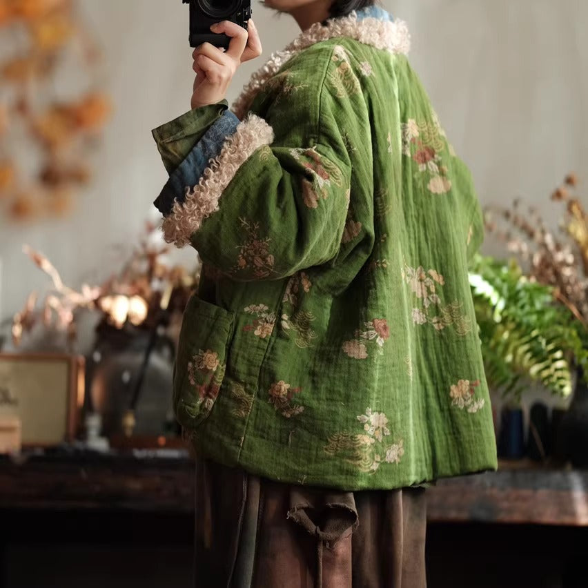 Vintage Winter Reversible Patchwork Cotton Linen Jacket – Floral Print, Lamb Fleece Trim Parka