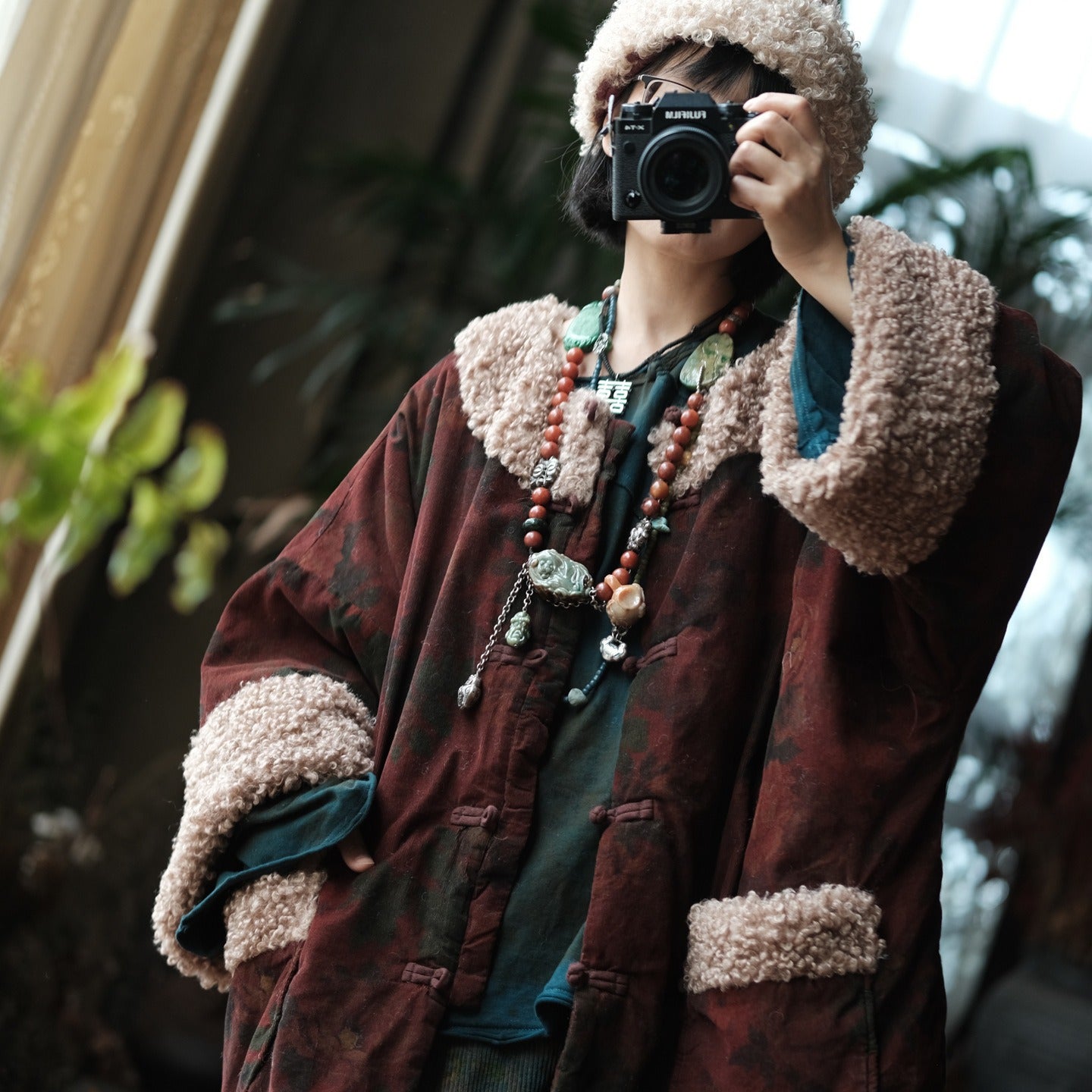 Abrigo Vintage de Algodón con Estampado Floral – Corte Holgado, Estilo Retro de Invierno