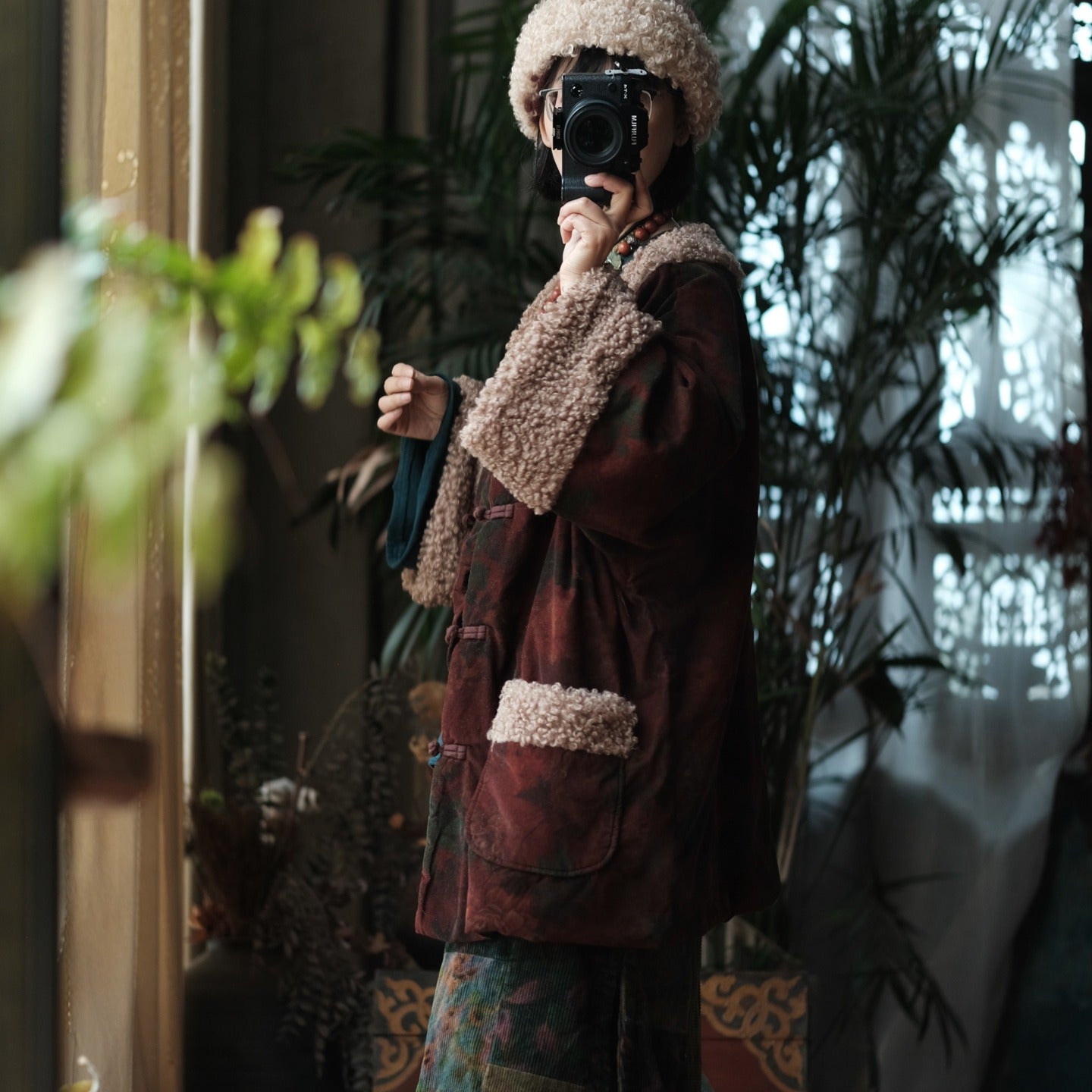 Abrigo Vintage de Algodón con Estampado Floral – Corte Holgado, Estilo Retro de Invierno