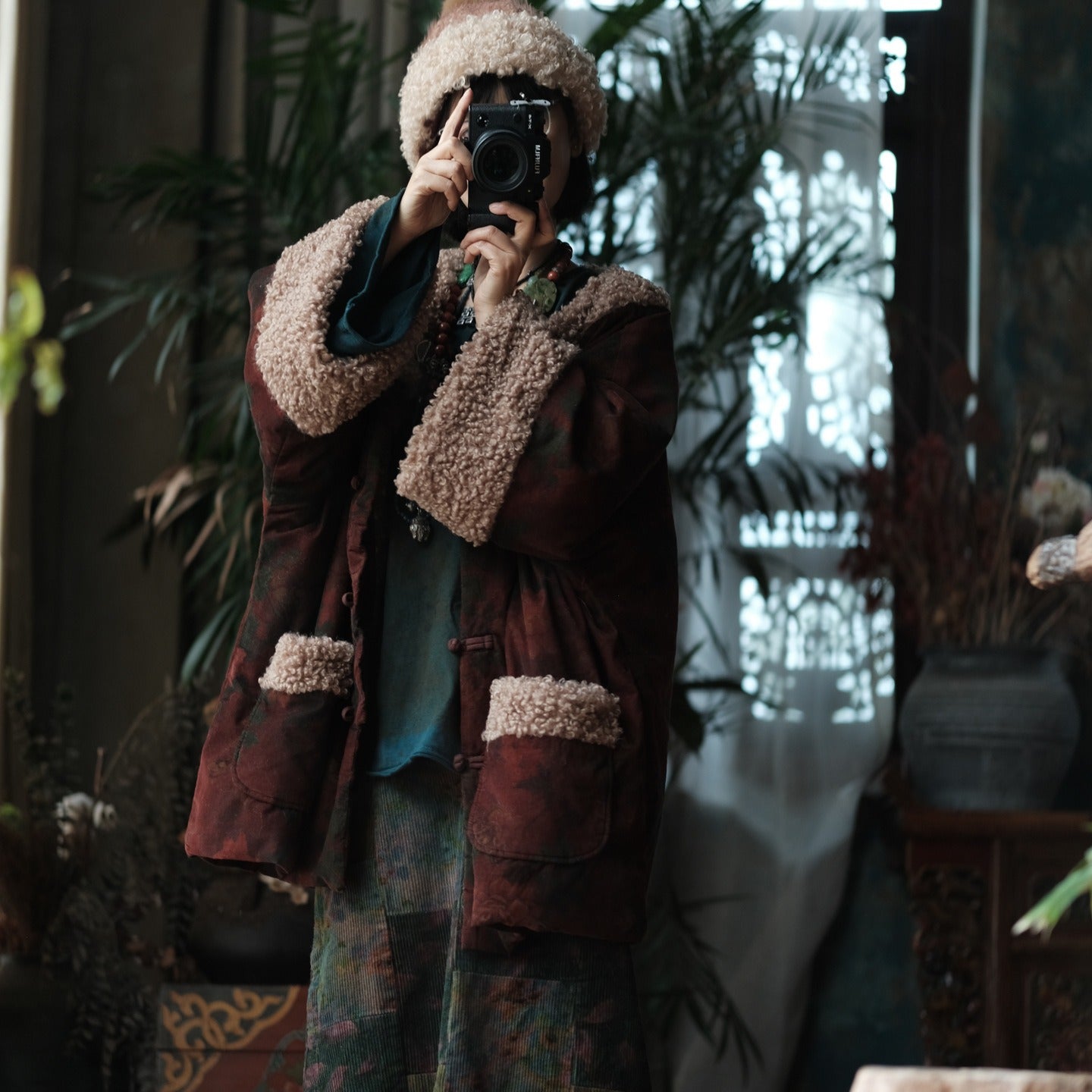 Abrigo Vintage de Algodón con Estampado Floral – Corte Holgado, Estilo Retro de Invierno