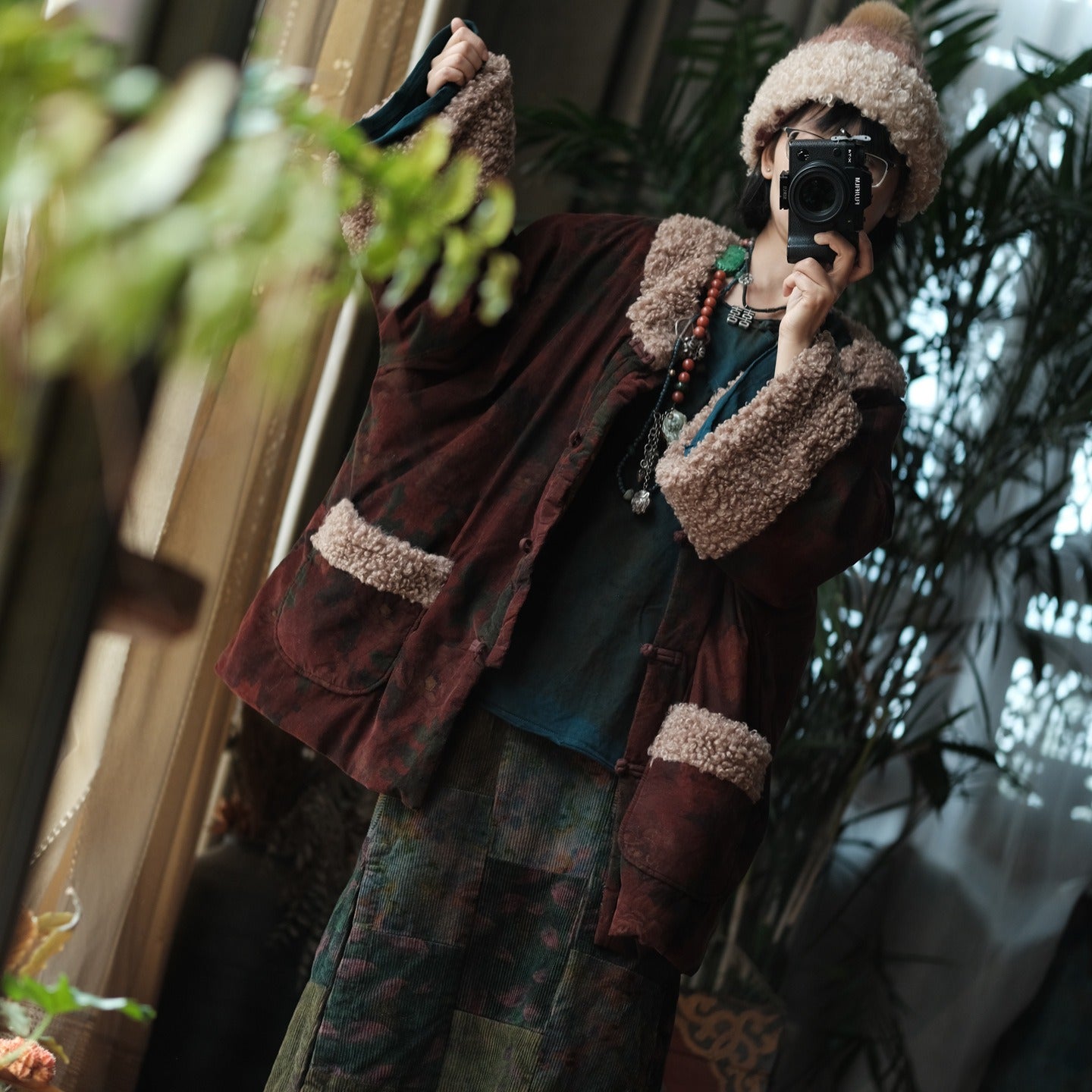 Abrigo Vintage de Algodón con Estampado Floral – Corte Holgado, Estilo Retro de Invierno