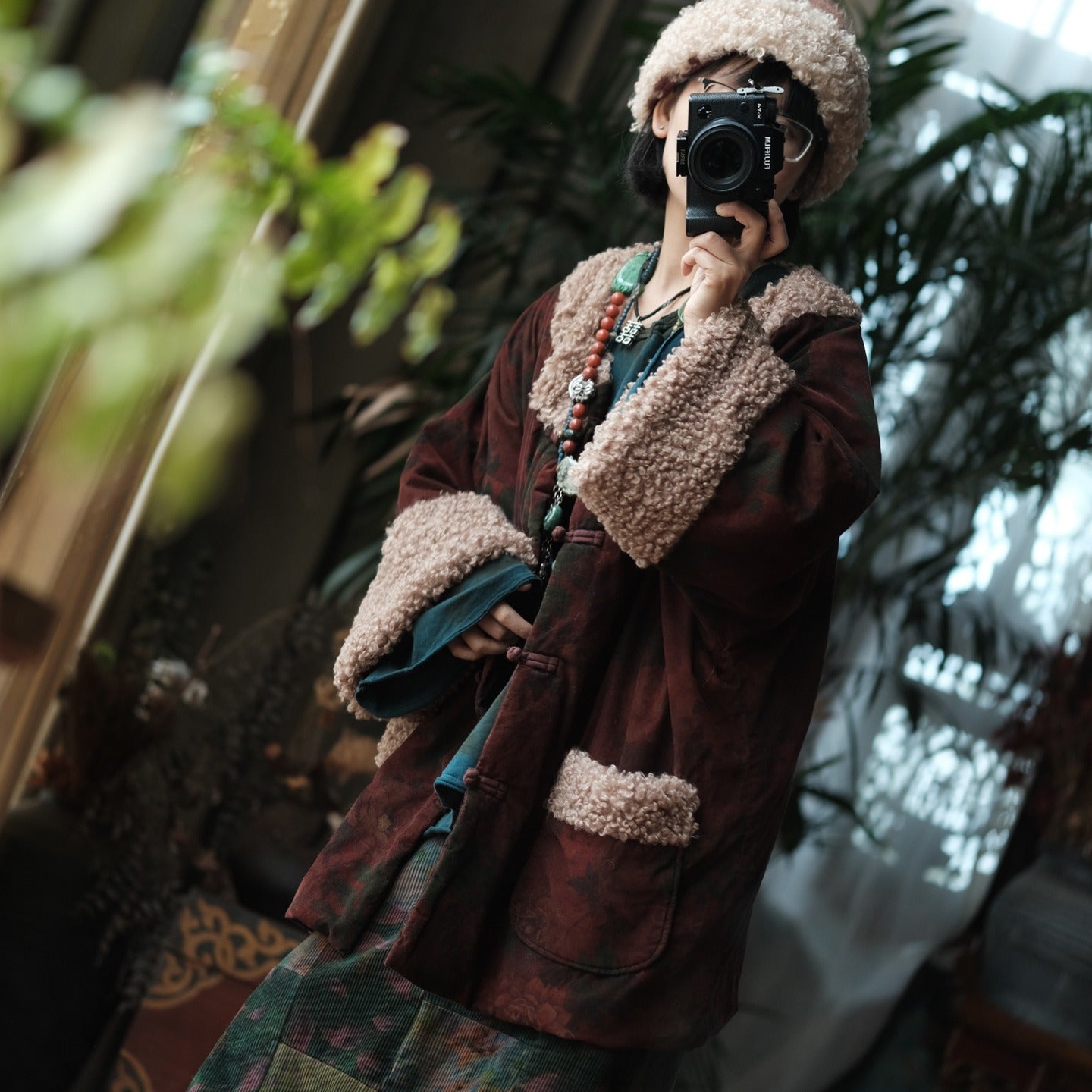 Abrigo Vintage de Algodón con Estampado Floral – Corte Holgado, Estilo Retro de Invierno