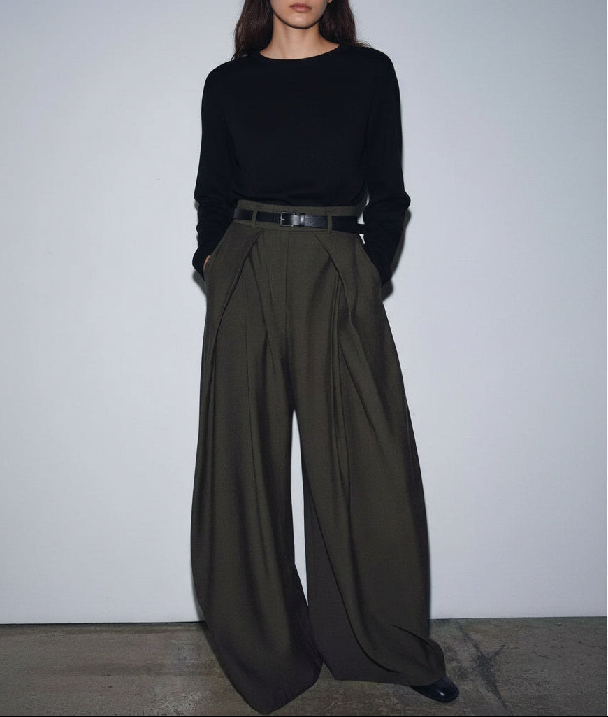 Vintage High-Waist Pleated Wide-Leg Trousers – Winter Loose Fit