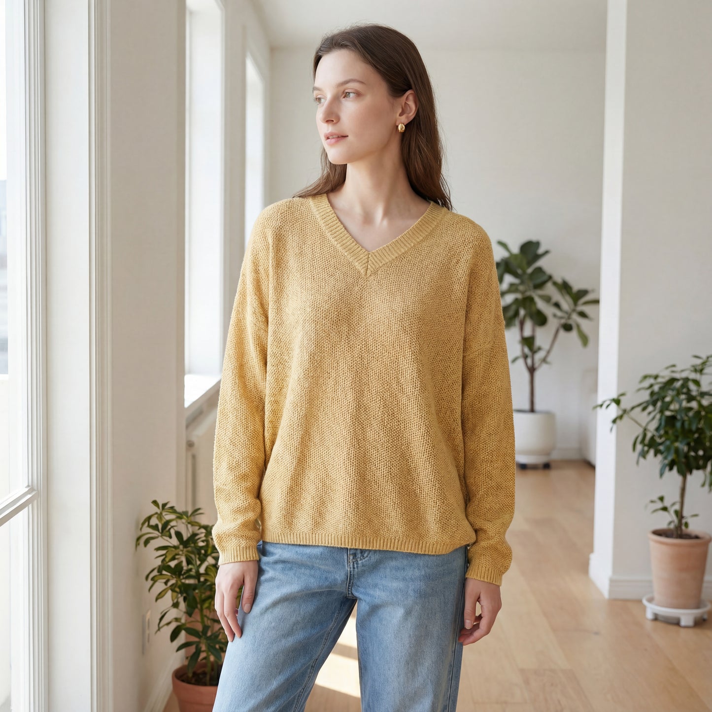 Vintage Casual V-Neck Oversized Knit Sweater – Cotton Blend