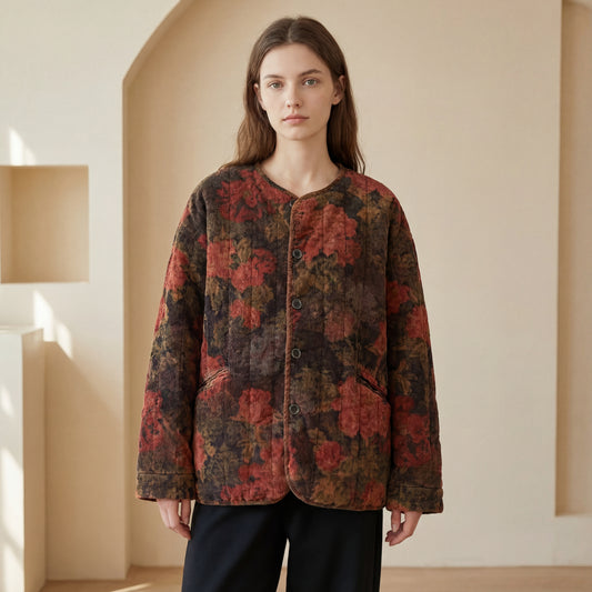 Vintage Floral Quilted Corduroy Jacket – Women’s Loose Fit Winter Coat