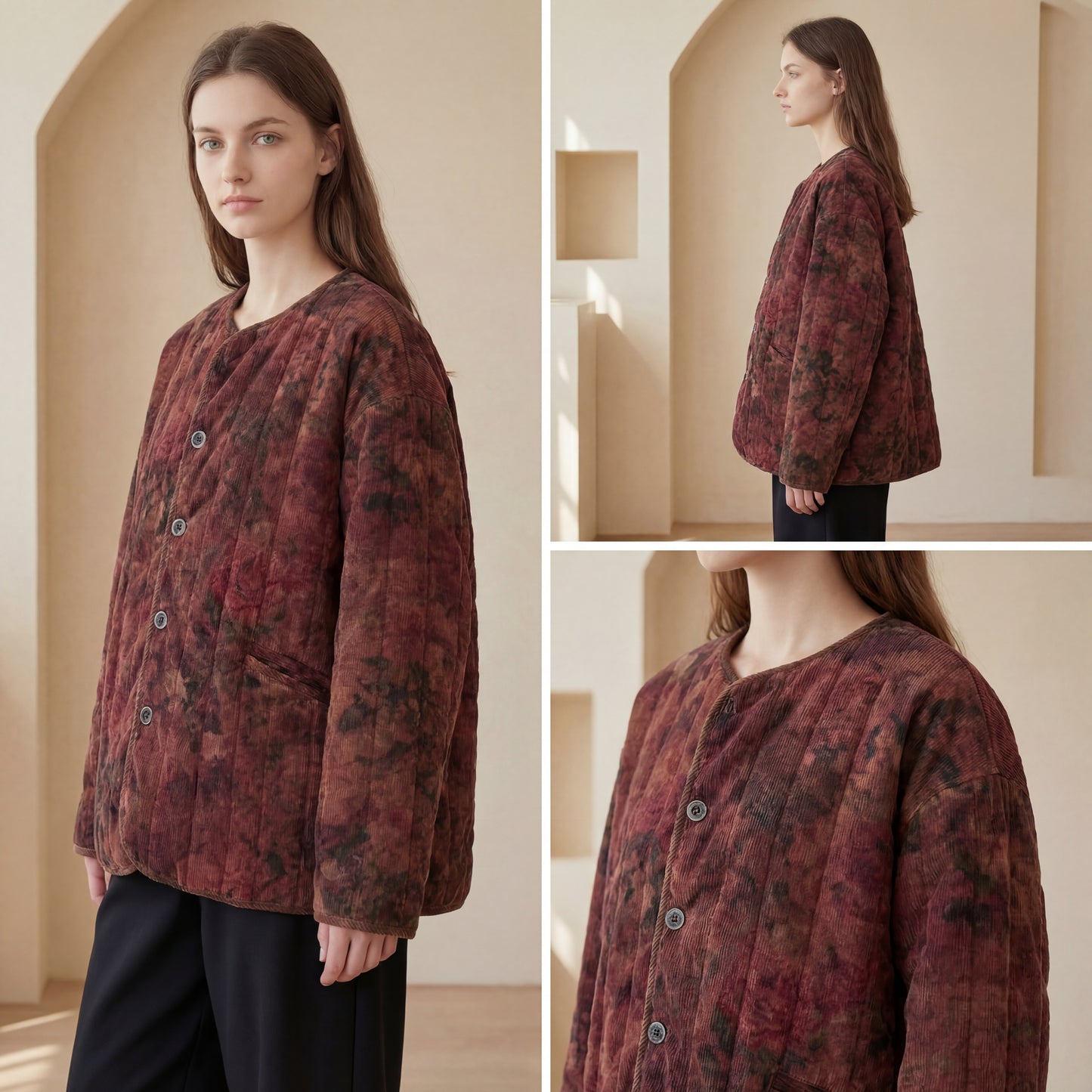 Vintage Floral Quilted Corduroy Jacket – Women’s Loose Fit Winter Coat