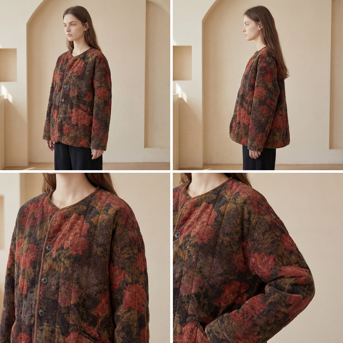 Vintage Floral Quilted Corduroy Jacket – Women’s Loose Fit Winter Coat