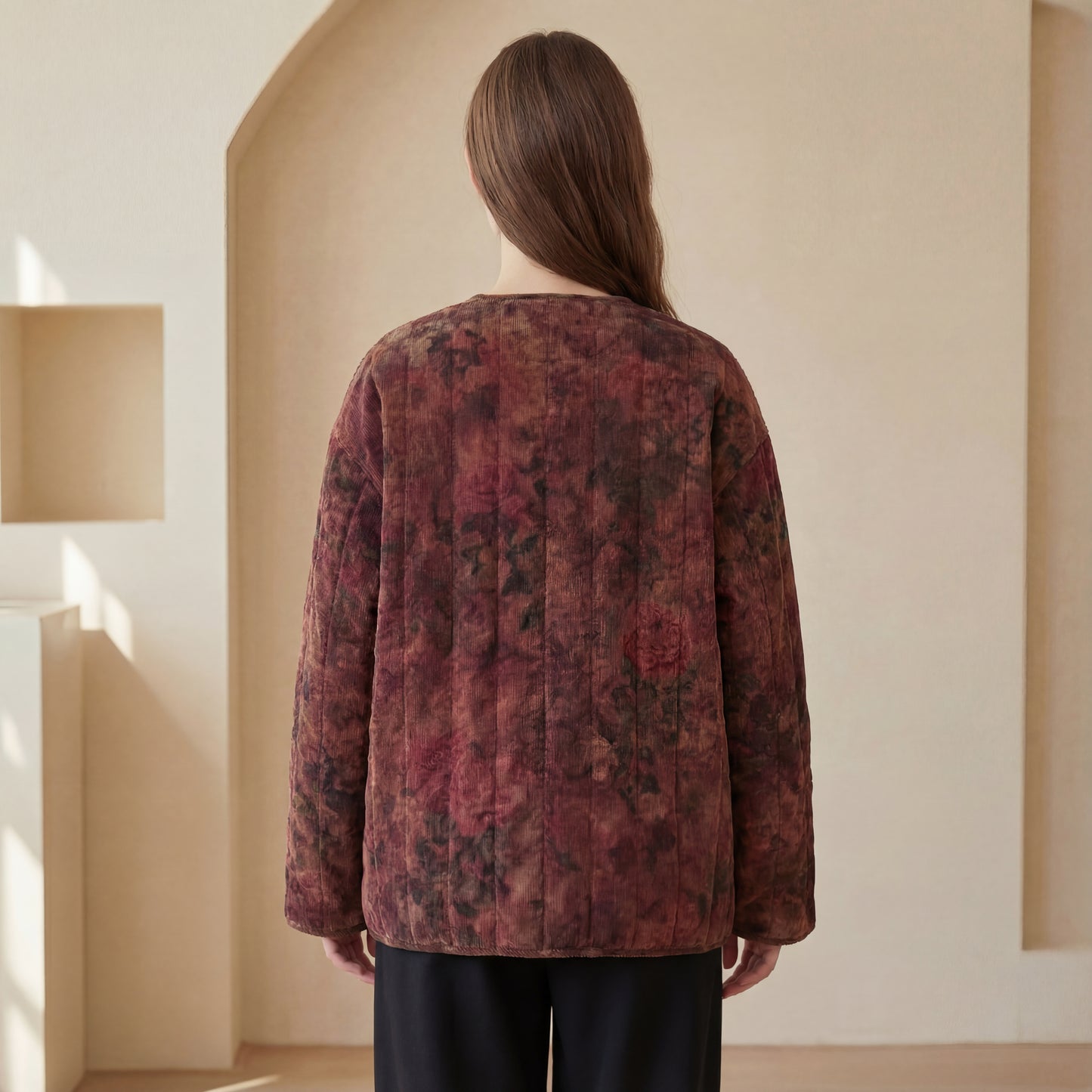 Vintage Floral Quilted Corduroy Jacket – Women’s Loose Fit Winter Coat
