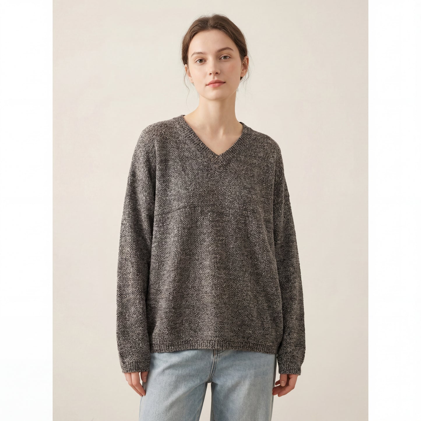 Vintage Casual V-Neck Oversized Knit Sweater – Cotton Blend
