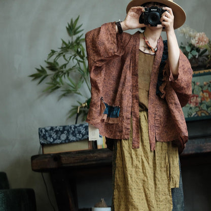 Floral Linen Open Front Kimono
