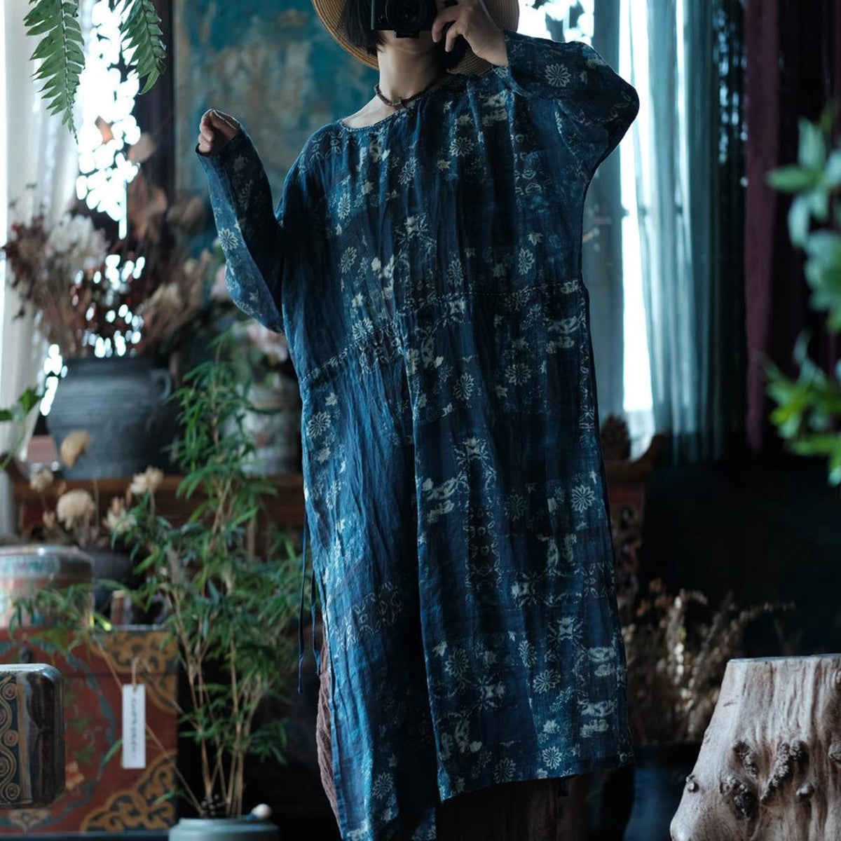 Indigo Nocturne Floral Linen Kaftan Dress