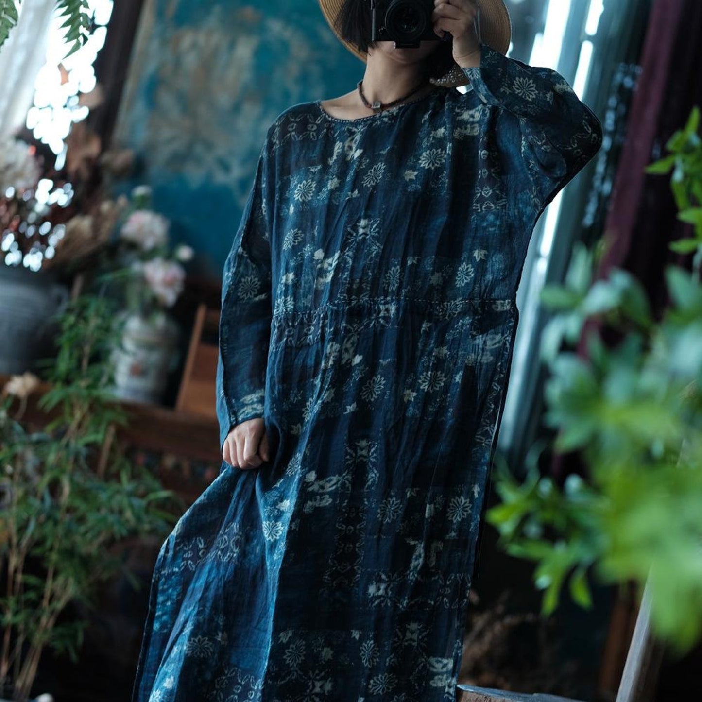 Indigo Nocturne Floral Linen Kaftan Dress – botanical pattern