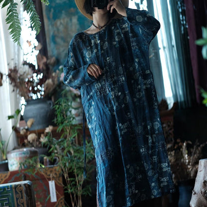 Indigo Nocturne Floral Linen Kaftan Dress – front view