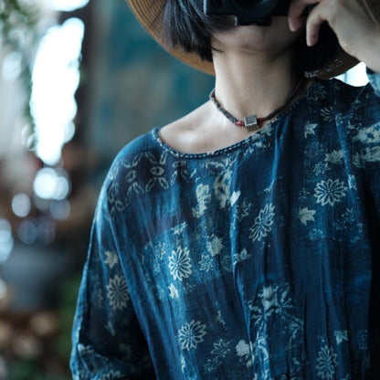 Indigo Nocturne Floral Linen Kaftan Dress – neckline detail
