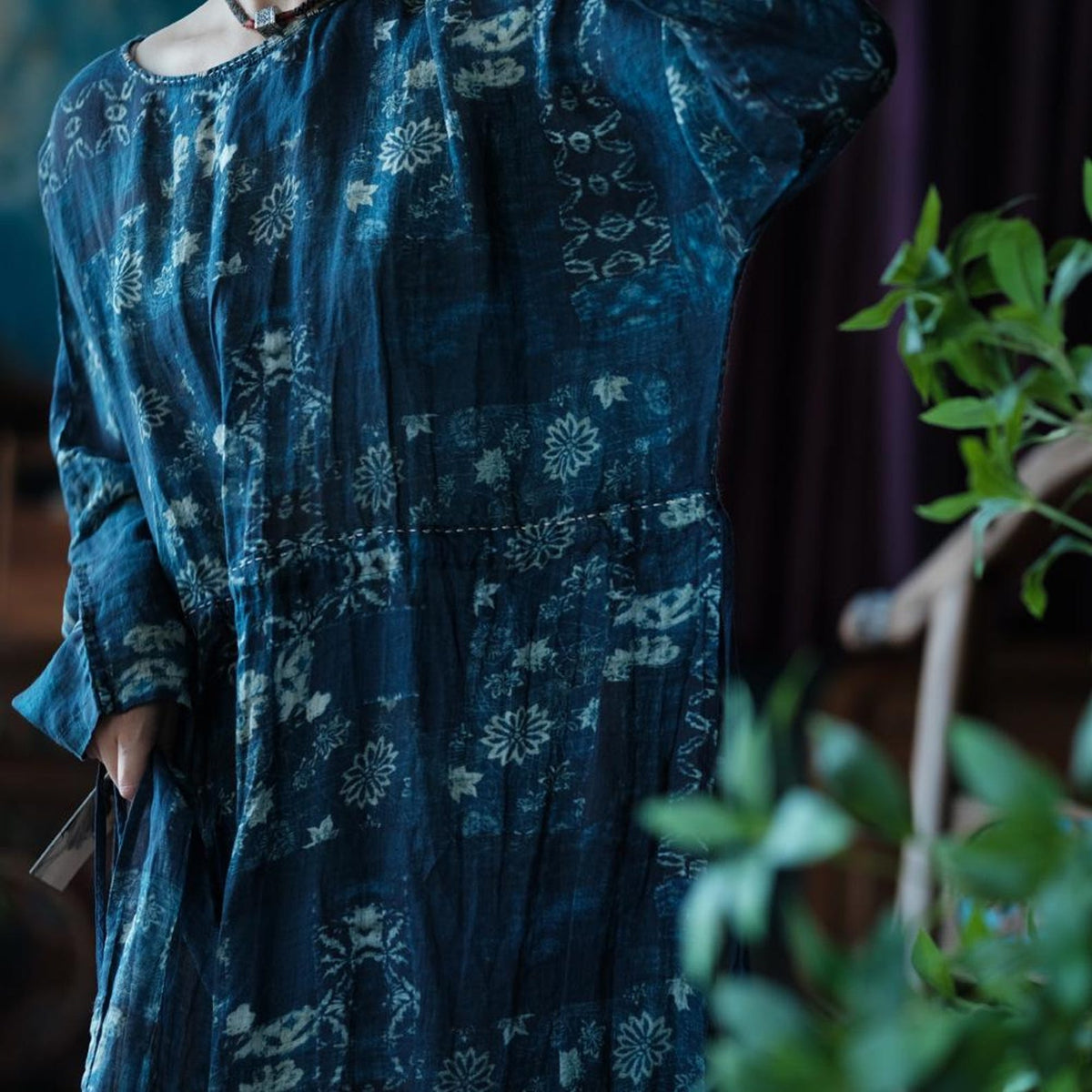 Indigo Nocturne Floral Linen Kaftan Dress – waist tie