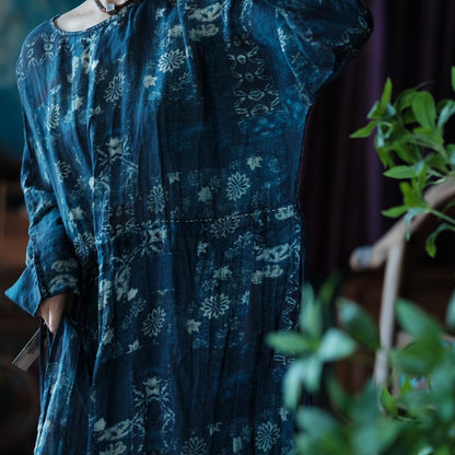 Indigo Nocturne Floral Linen Kaftan Dress – waist tie