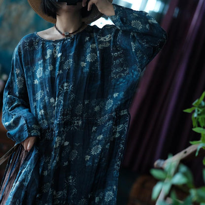 Indigo Nocturne Floral Linen Kaftan Dress – side slit