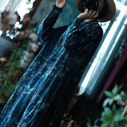 Indigo Nocturne Floral Linen Kaftan Dress – full length