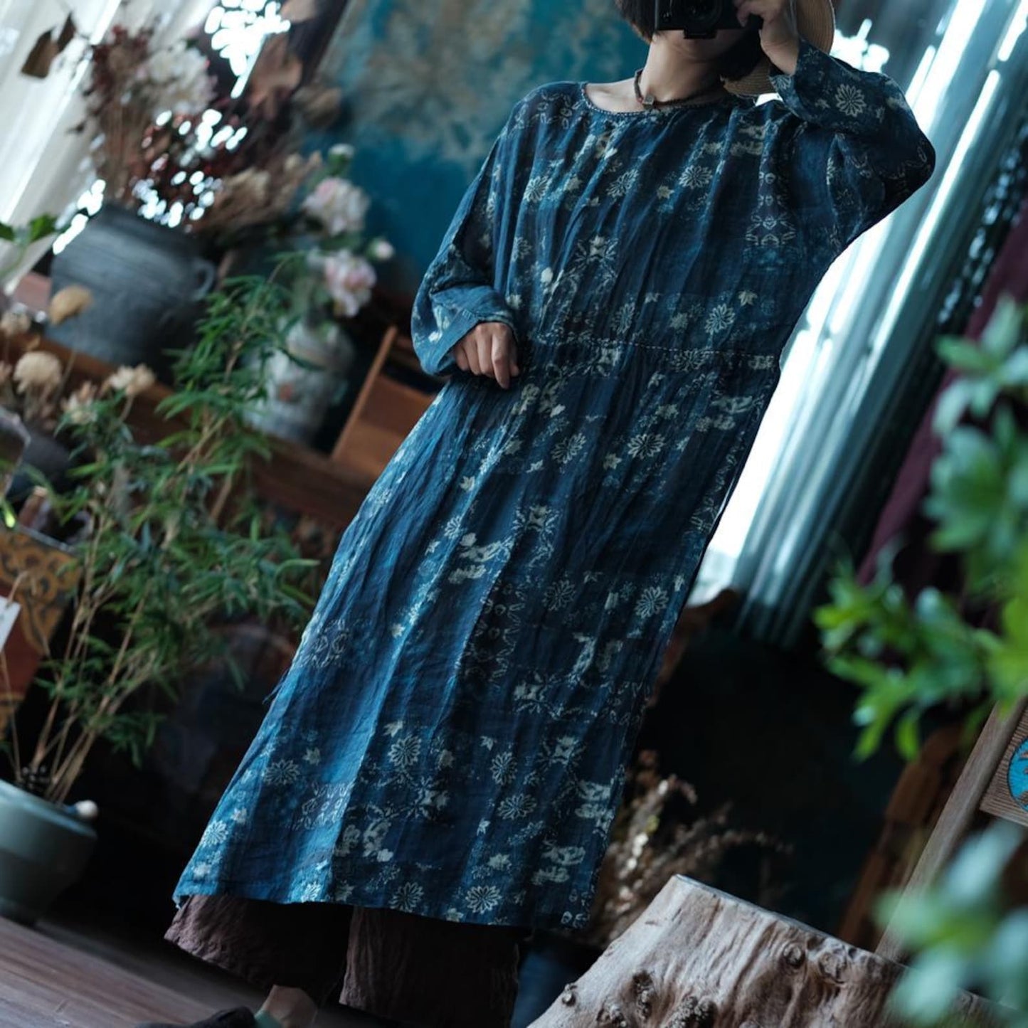 Indigo Nocturne Floral Linen Kaftan Dress – styled view