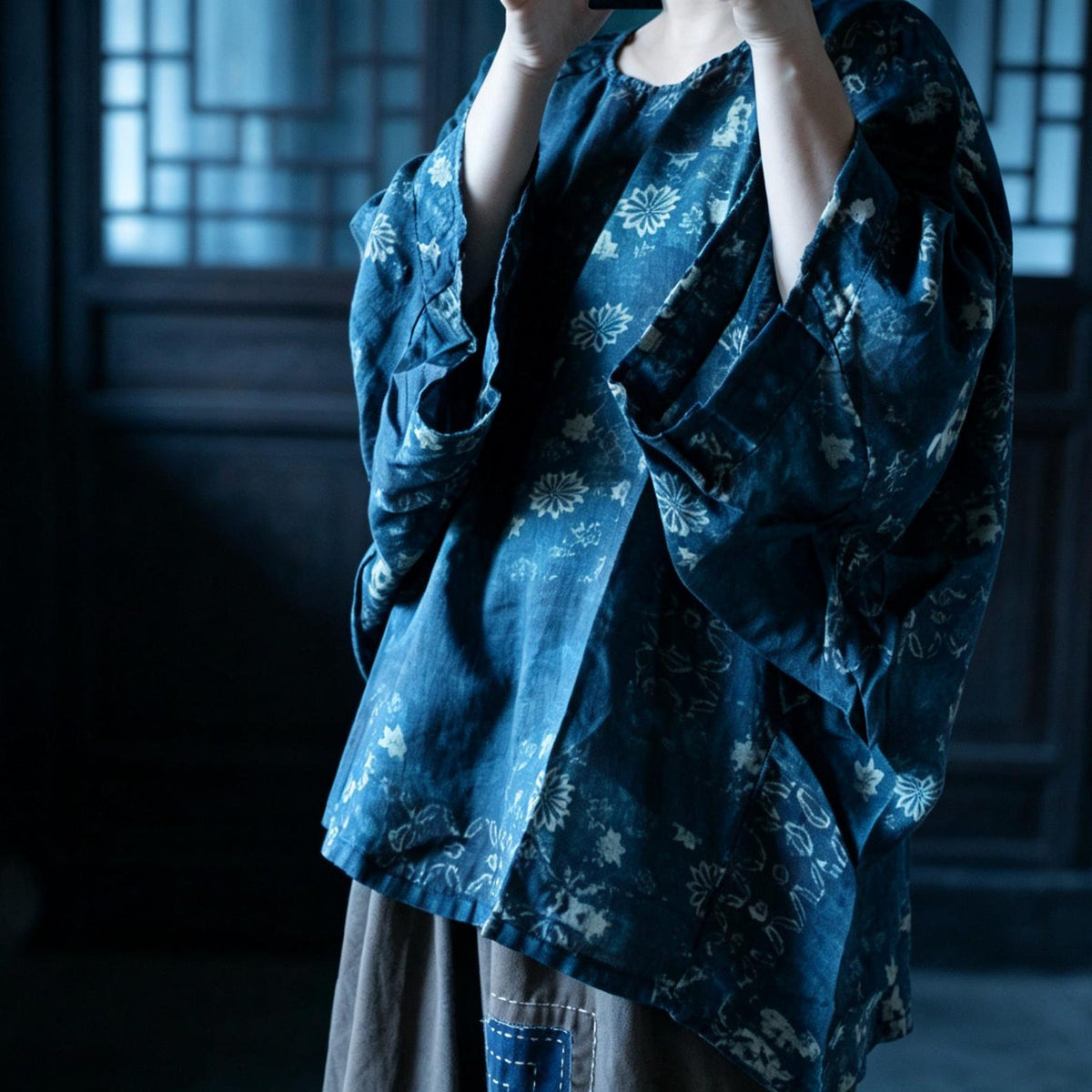 Indigo Reverie Floral Ramie Blouse