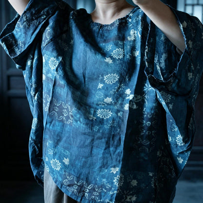 Indigo Reverie Floral Ramie Blouse – full silhouette