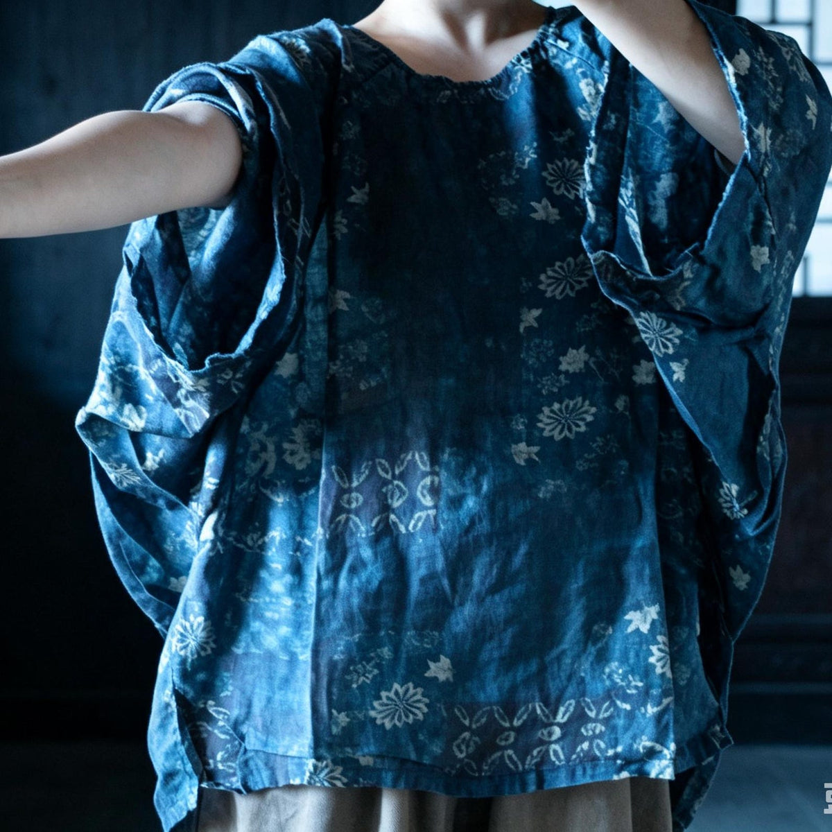 Indigo Reverie Floral Ramie Blouse – front view