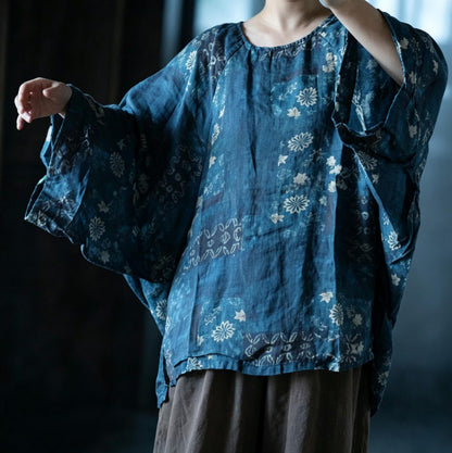 Indigo Reverie Floral Ramie Blouse – wide sleeve