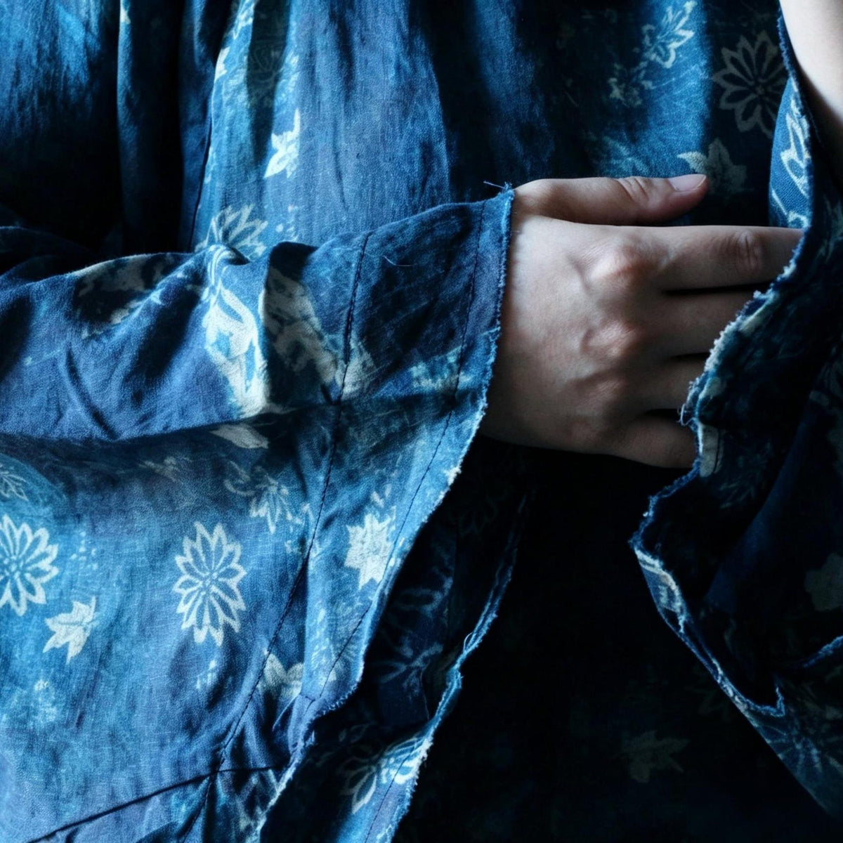 Indigo Reverie Floral Ramie Blouse – fabric detail