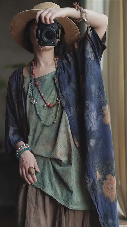 Vintage Blue Garden Cotton Long Shirt