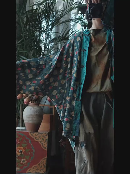 Indigo Fish Print Ramie Kimono