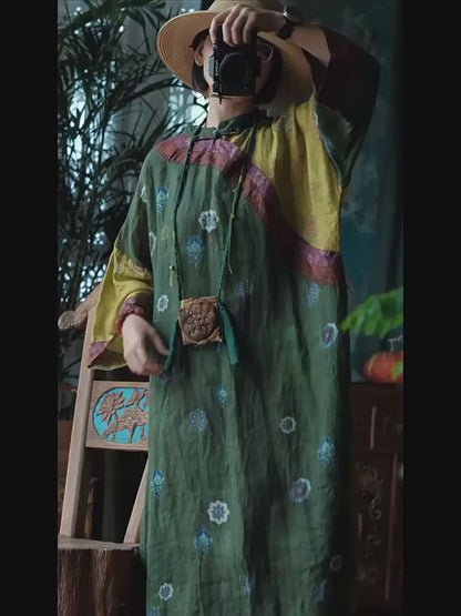 Verdant Mosaic Patchwork Ramie Dress